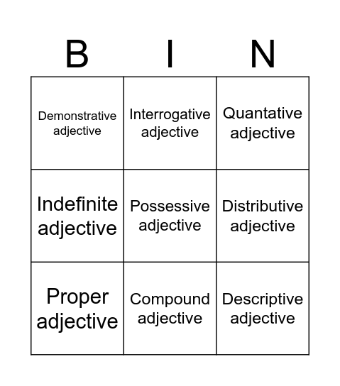 Adjectives Bingo Card