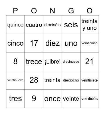 Los números (1-31) Bingo Card