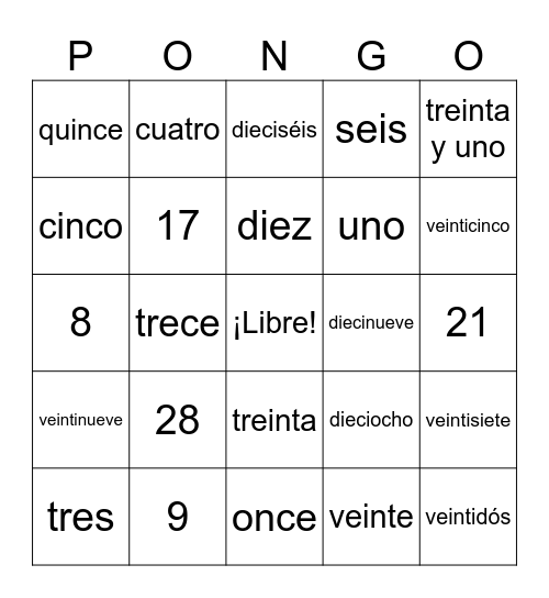 Los números (1-31) Bingo Card