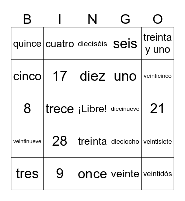 Los números (1-31) Bingo Card