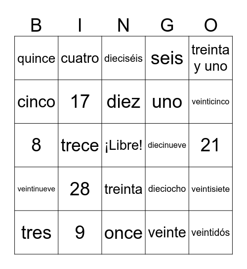 Los números (1-31) Bingo Card