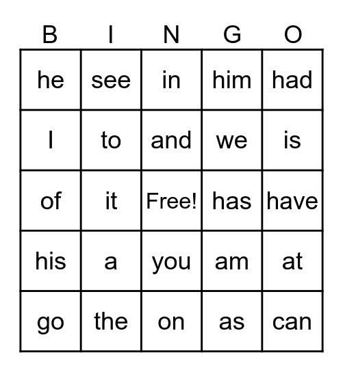 1-20 High Frequency Words Bingo Card