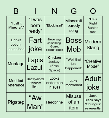 Minecraft Movie Bingo Card