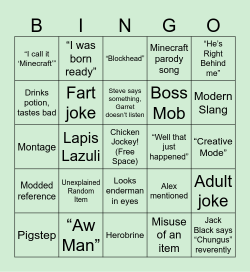 Minecraft Movie Bingo Card