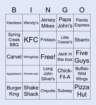 Fast Food Bingo Card