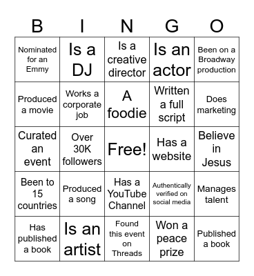 Creative Industry Night Bingo Card