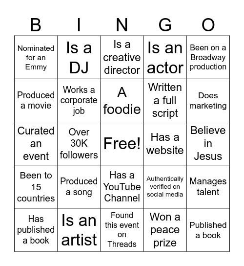 Creative Industry Night Bingo Card