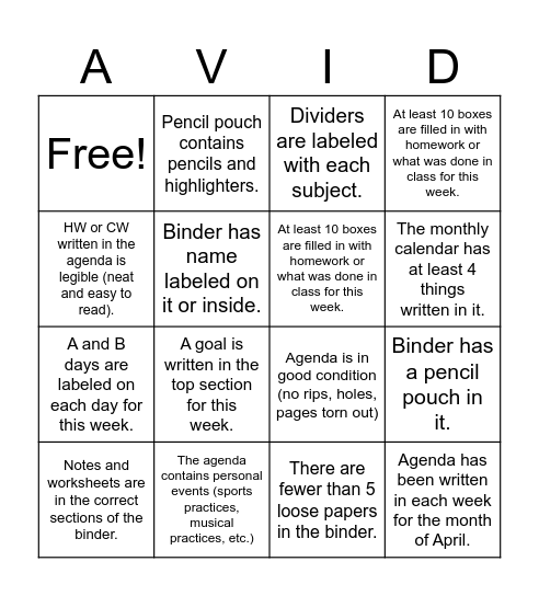 Binder/Agenda Bingo Card