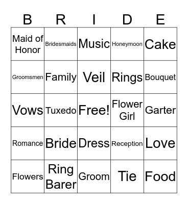 Bridal Bingo Card