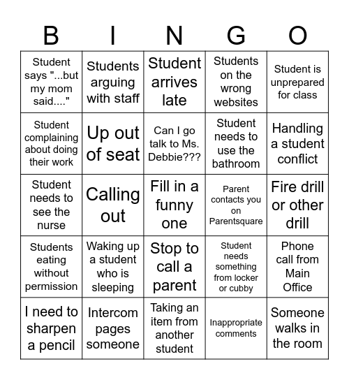 Classroom Interruption Bingo Card