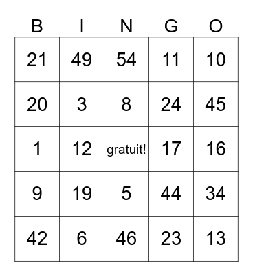 French bingo cards Bingo Card