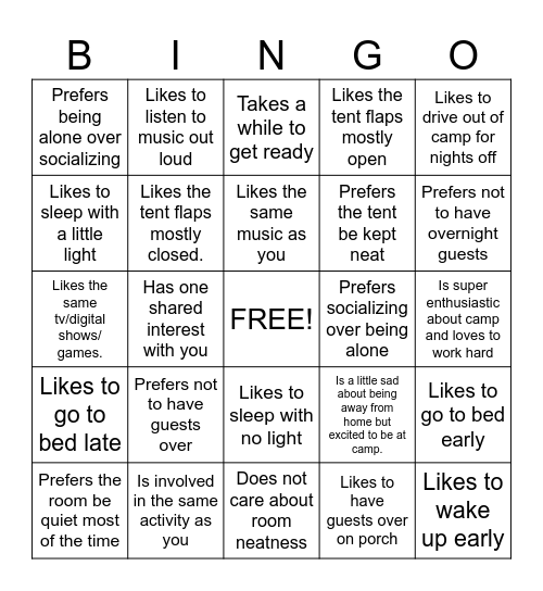 Tentmate Bingo Card