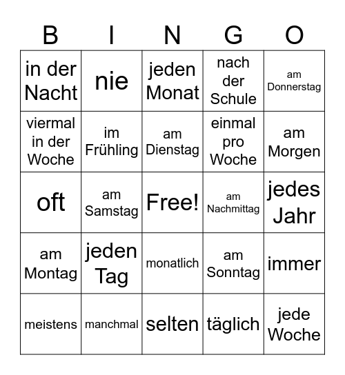 Zeit Woerter Bingo Card