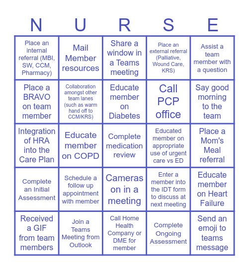 Nurse Bingo Card