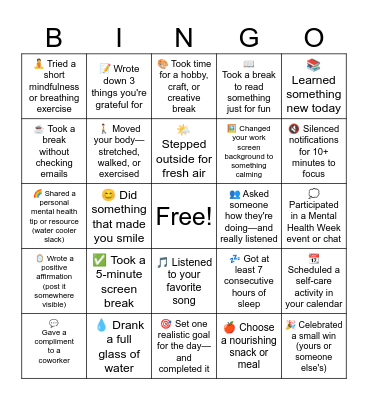 Mental Health Bingo Card