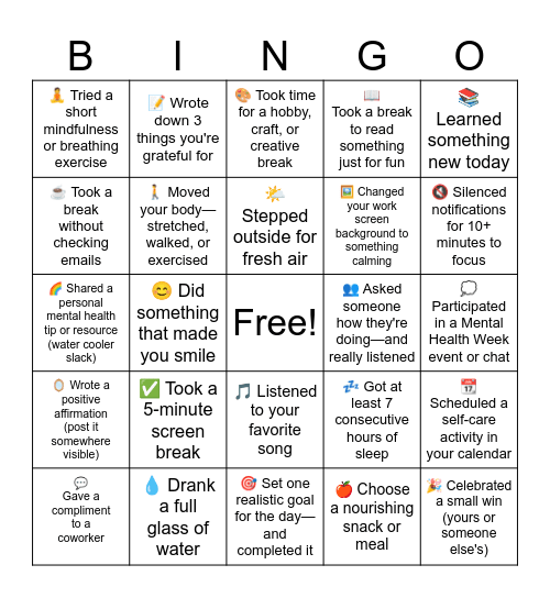 Mental Health Bingo Card