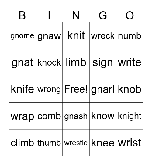 Silent Letters Bingo (gn, kn, wr, mb) Bingo Card