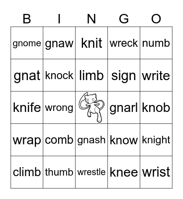 Silent Letters Bingo (gn, kn, wr, mb) Bingo Card