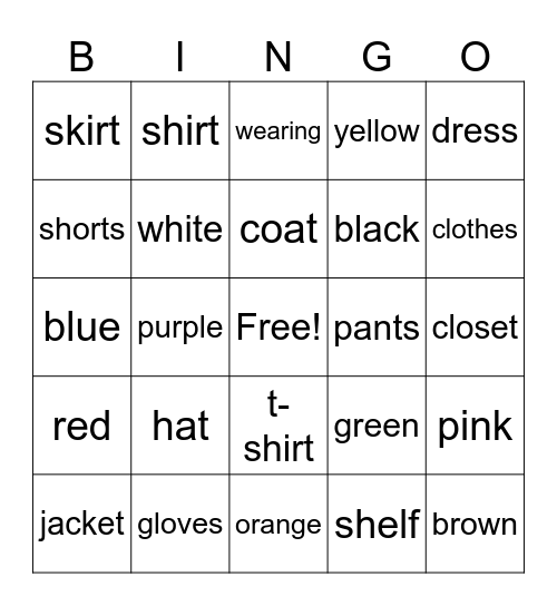 Cool Clothes Bingo Card