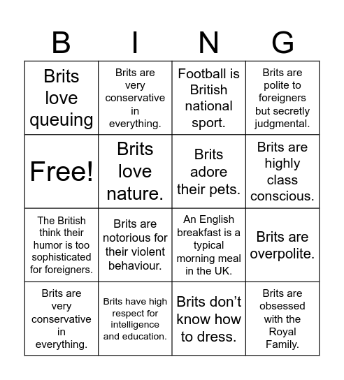 STEREOTYPES Bingo Card