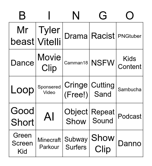 Youtube Shorts Bingo Card