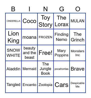 Kids Movies Bingo Card