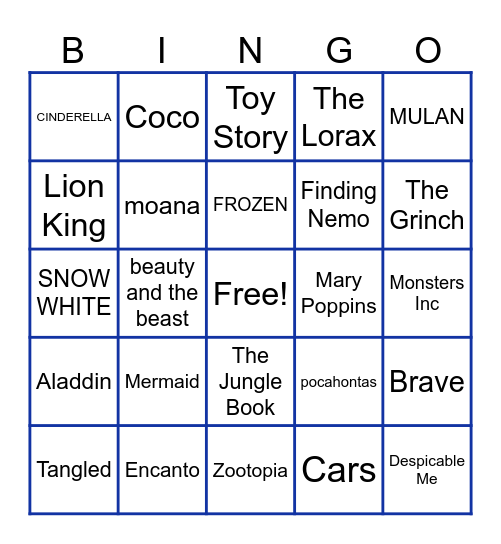 Kids Movies Bingo Card
