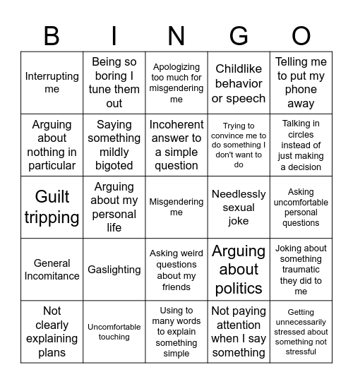 Visiting my father Bingo Card