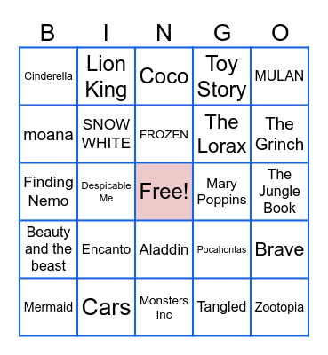 Kids Movies Bingo Card