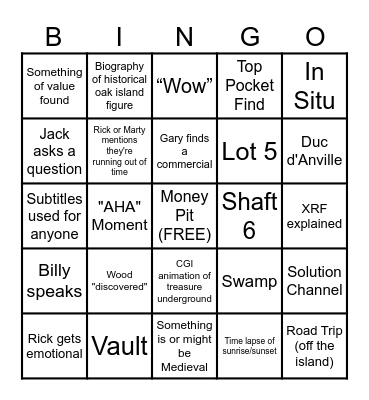 Curse of Oak Island Bingo Card