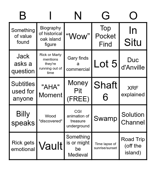 Curse of Oak Island Bingo Card