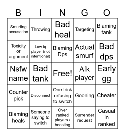Rivals ranked bingo Card