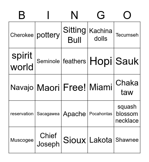 Native American Bingo Card