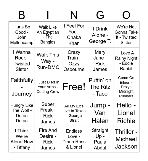 80'S PART Bingo Card