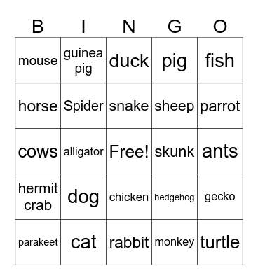 Pets Big and Small (and sometimes strange) Bingo Card