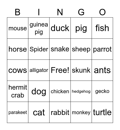 Pets Big and Small (and sometimes strange) Bingo Card