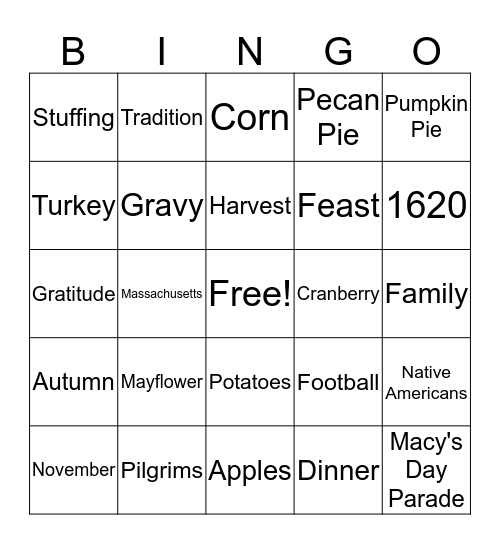 Thanksgiving BINGO Card