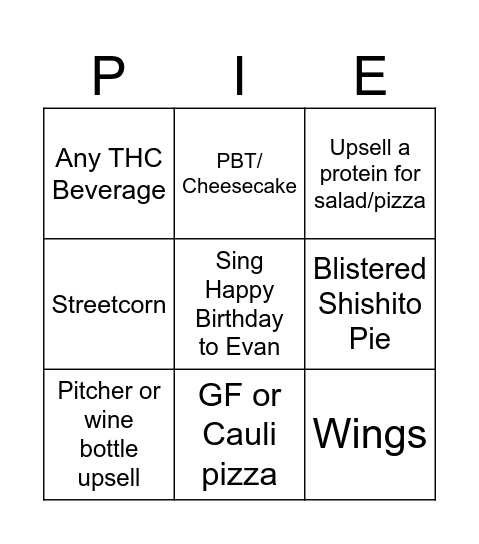 Pies Bingo Card