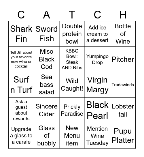 New Menu Palooza Bingo Card