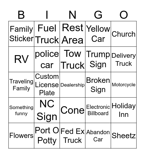 Car Bingo Card