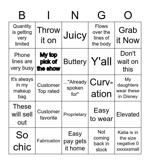 QVC SPEAK Bingo Card