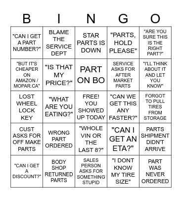 PARTS DEPT Bingo Card