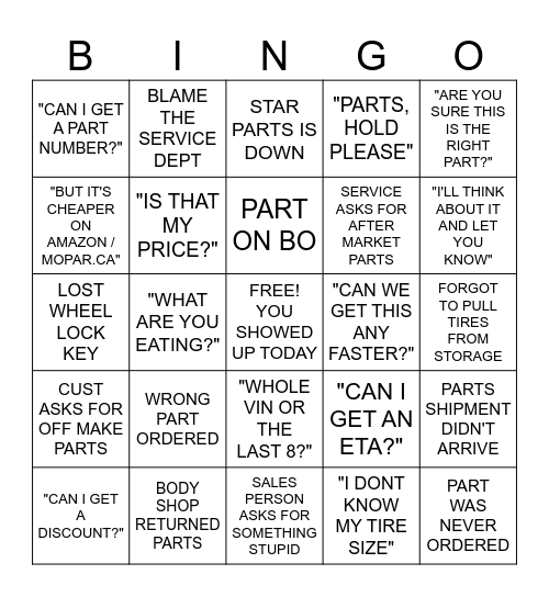 PARTS DEPT Bingo Card