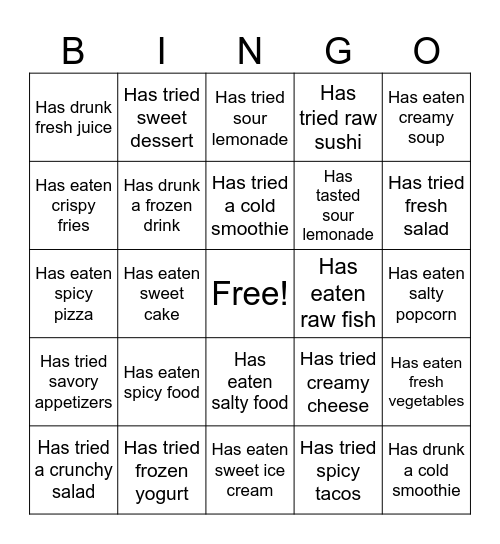 Present Perfect: Food, Drinks, and Adjectives Bingo Card