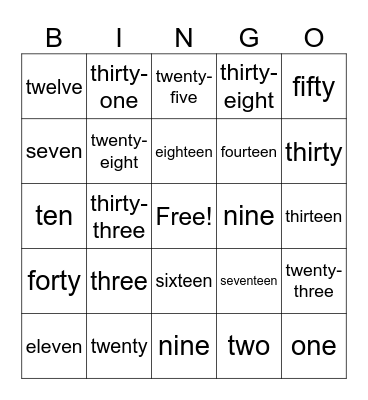 Number Words Bingo Card