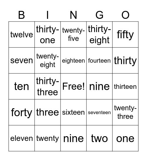 Number Words Bingo Card