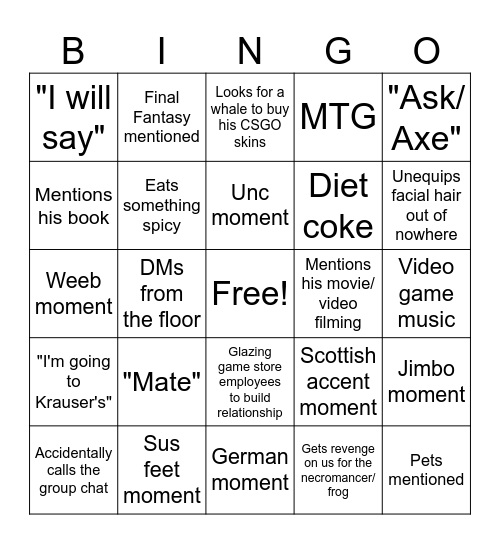 Nate Bingo Card