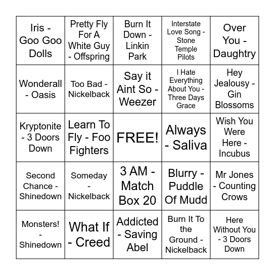 Divorced Dad Rock...                        A.K.A. I Like Linkin Park (and you should too) Bingo Card