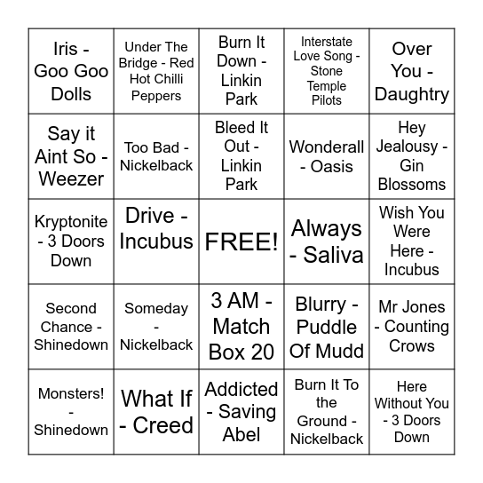 Divorced Dad Rock...                        A.K.A.   Nickelback Doesn't Suck! Bingo Card