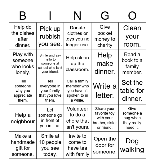 Generosity Bingo Card